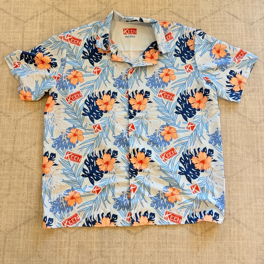 Company Branded Tropical Button Up Blue and Orange Shirt XL
